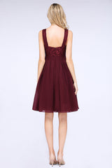 Elegant Lace V-Neck Short Burgundy Chiffon Bridesmaid Dress with Ruffle-Babyonlines