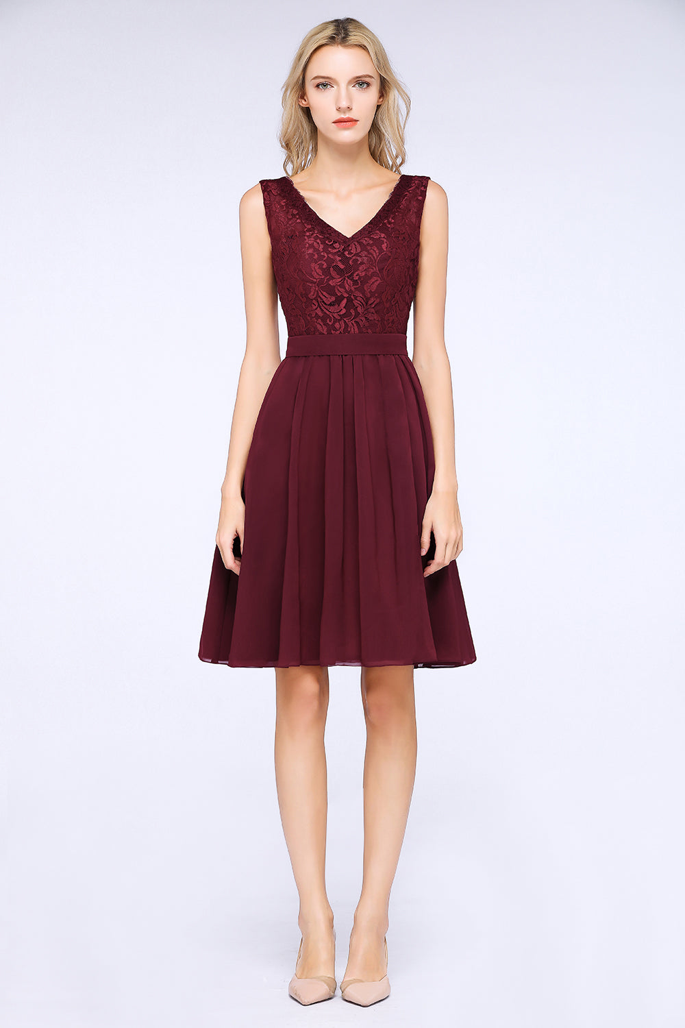 Elegant Lace V-Neck Short Burgundy Chiffon Bridesmaid Dress with Ruffle-Babyonlines