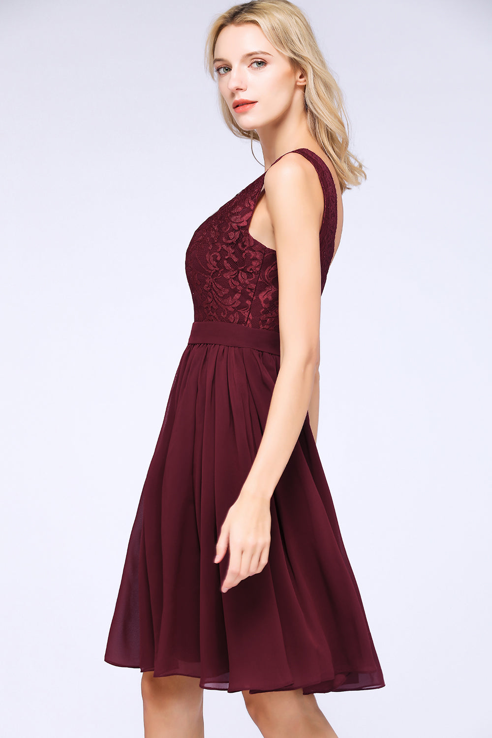 Elegant Lace V-Neck Short Burgundy Chiffon Bridesmaid Dress with Ruffle-Babyonlines