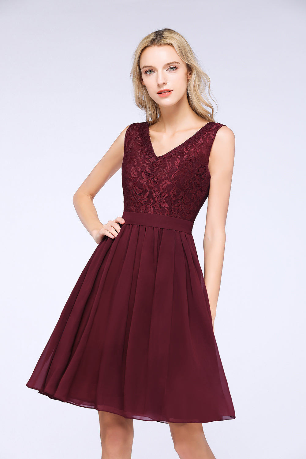 Elegant Lace V-Neck Short Burgundy Chiffon Bridesmaid Dress with Ruffle-Babyonlines