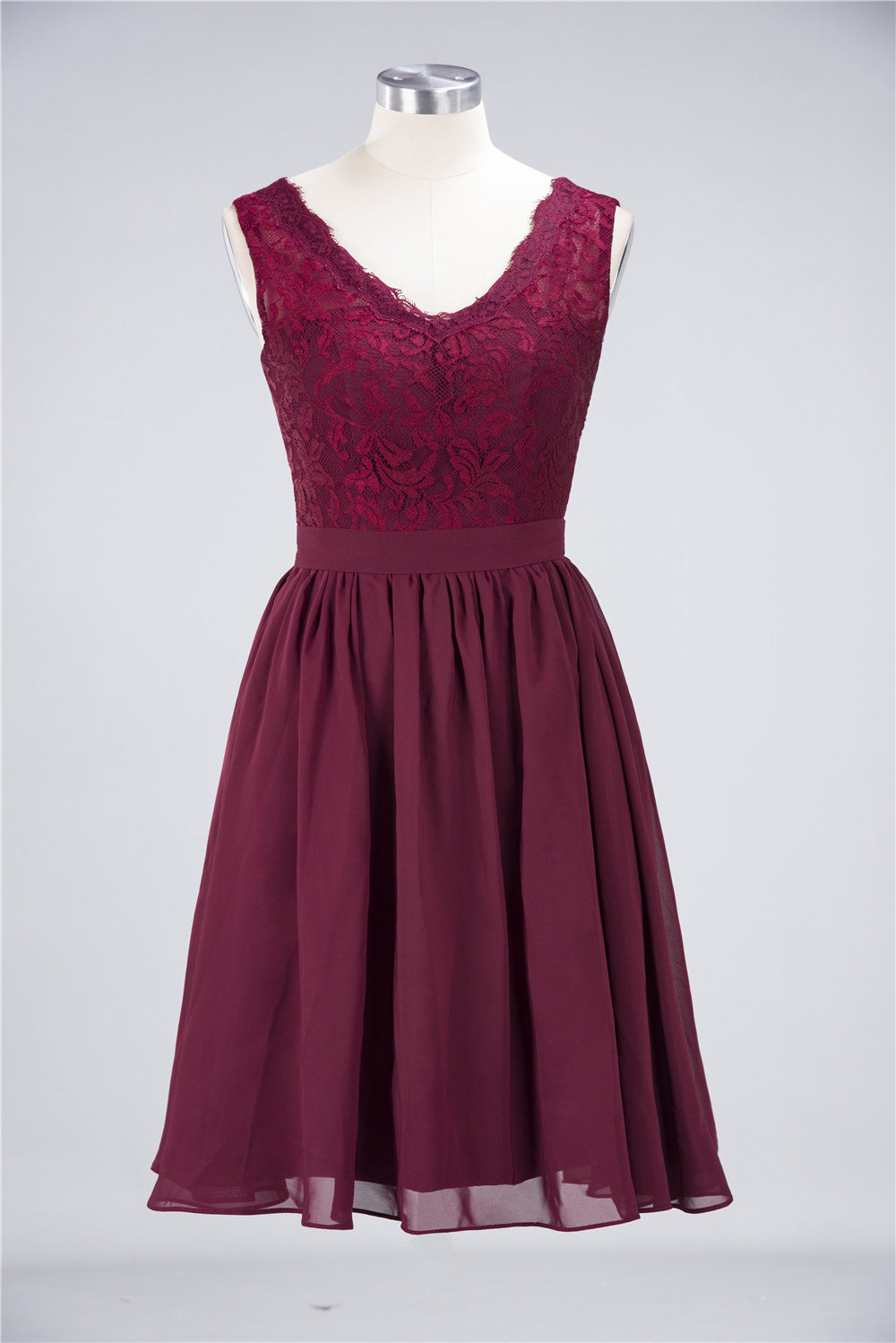 Elegant Lace V-Neck Short Burgundy Chiffon Bridesmaid Dress with Ruffle-Babyonlines