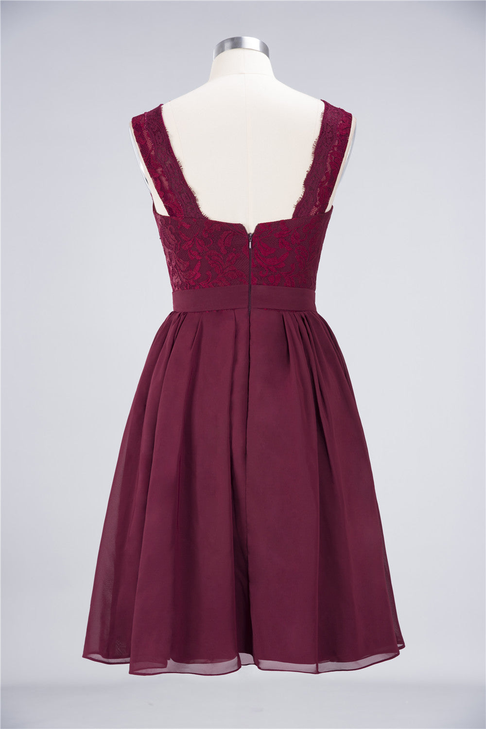 Elegant Lace V-Neck Short Burgundy Chiffon Bridesmaid Dress with Ruffle-Babyonlines