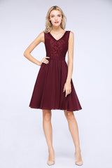 Elegant Lace V-Neck Short Burgundy Chiffon Bridesmaid Dress with Ruffle-Babyonlines