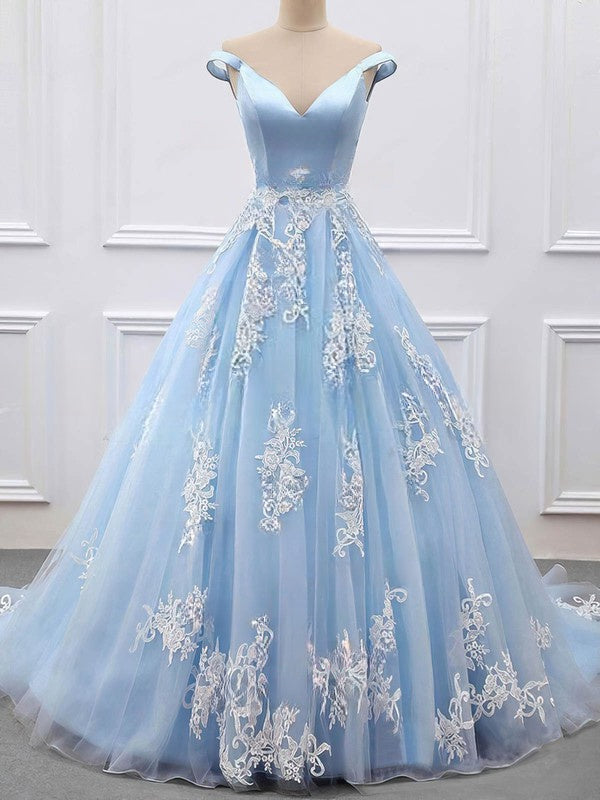 Elegant Princess Prom Dress - Off-the-shoulder Tulle Appliques Lace Ball Gown/Sweep Train