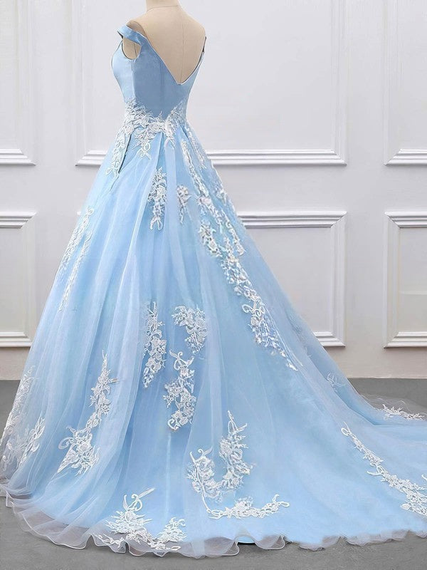 Elegant Princess Prom Dress - Off-the-shoulder Tulle Appliques Lace Ball Gown/Sweep Train