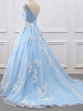 Elegant Princess Prom Dress - Off-the-shoulder Tulle Appliques Lace Ball Gown/Sweep Train