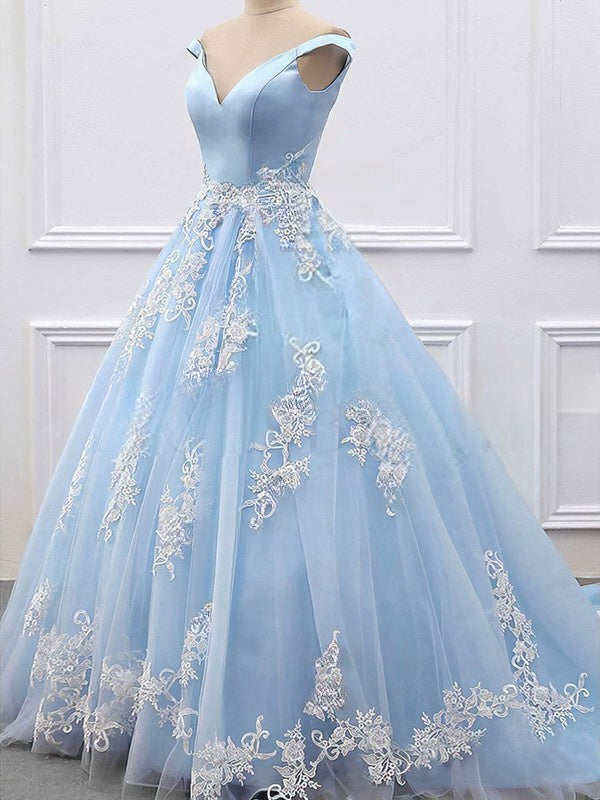 Elegant Princess Prom Dress - Off-the-shoulder Tulle Appliques Lace Ball Gown/Sweep Train