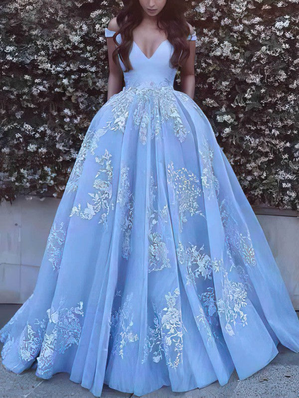 Elegant Princess Prom Dress - Off-the-shoulder Tulle Appliques Lace Ball Gown/Sweep Train