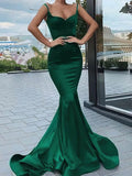 Elegant Satin Prom Dress with Trumpet/Mermaid Sweep Train V-neck