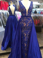 Elegant Satin Prom Dress with V-neck Lace and Sweep Train Sashes/Ribbons