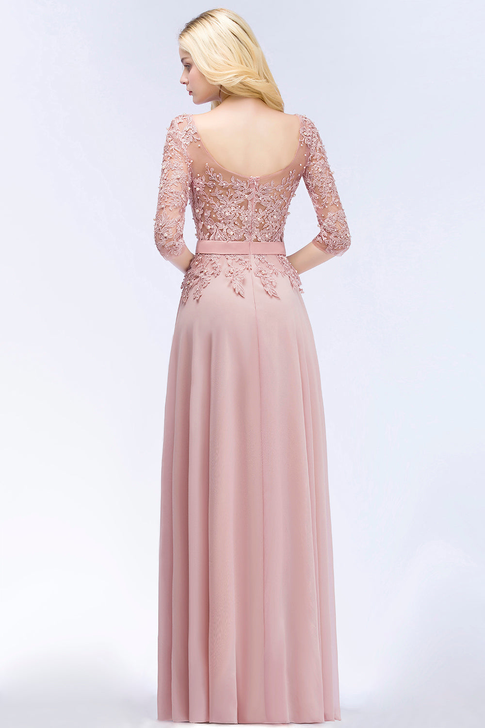 Elegant Scoop Half-Sleeves Lace Dusty Rose Bridesmaid Dress With Pearls-Babyonlines