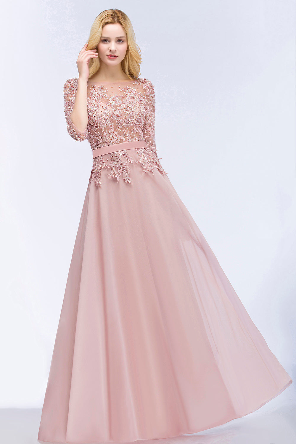 Elegant Scoop Half-Sleeves Lace Dusty Rose Bridesmaid Dress With Pearls-Babyonlines