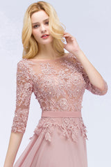 Elegant Scoop Half-Sleeves Lace Dusty Rose Bridesmaid Dress With Pearls-Babyonlines