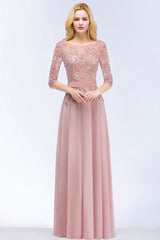 Elegant Scoop Half-Sleeves Lace Dusty Rose Bridesmaid Dress With Pearls-Babyonlines