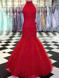 Elegant Trumpet/Mermaid High Neck Tulle Prom Dress With Beading and Sweep Train