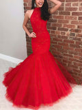 Elegant Trumpet/Mermaid High Neck Tulle Prom Dress With Beading and Sweep Train