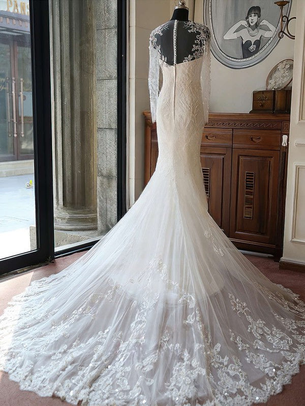 Elegant Trumpet/Mermaid Illusion Tulle Court Train Wedding Dresses with Appliques Lace