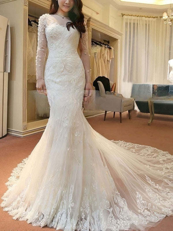 Elegant Trumpet/Mermaid Illusion Tulle Court Train Wedding Dresses with Appliques Lace