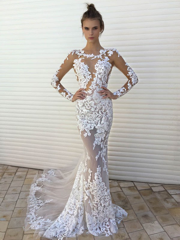 Elegant Trumpet/Mermaid Illusion Tulle Wedding Dress with Appliques Lace