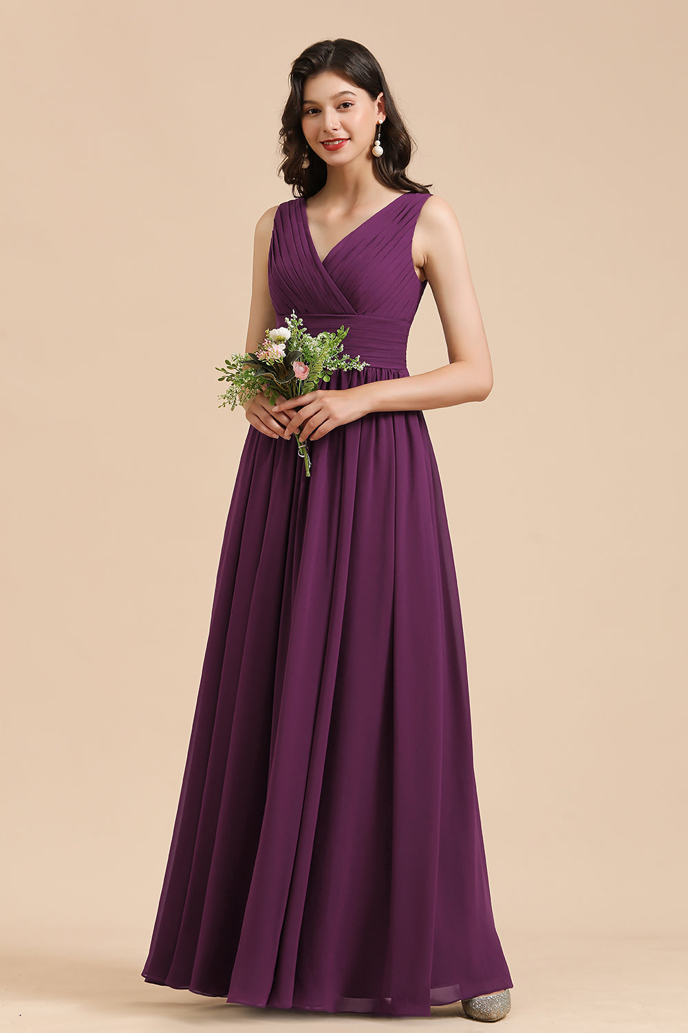 Elegant V-Neck Ruffle A-line Chiffon Lace Bridesmaid Dresses-Babyonlines