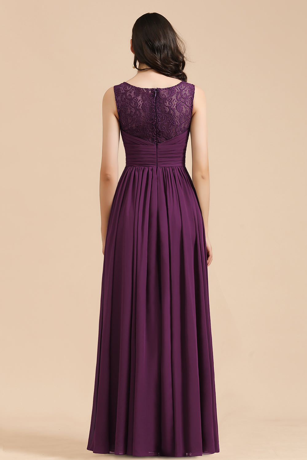 Elegant V-Neck Ruffle A-line Chiffon Lace Bridesmaid Dresses-Babyonlines