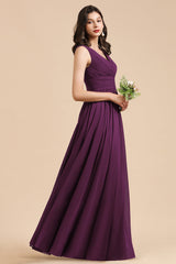 Elegant V-Neck Ruffle A-line Chiffon Lace Bridesmaid Dresses-Babyonlines