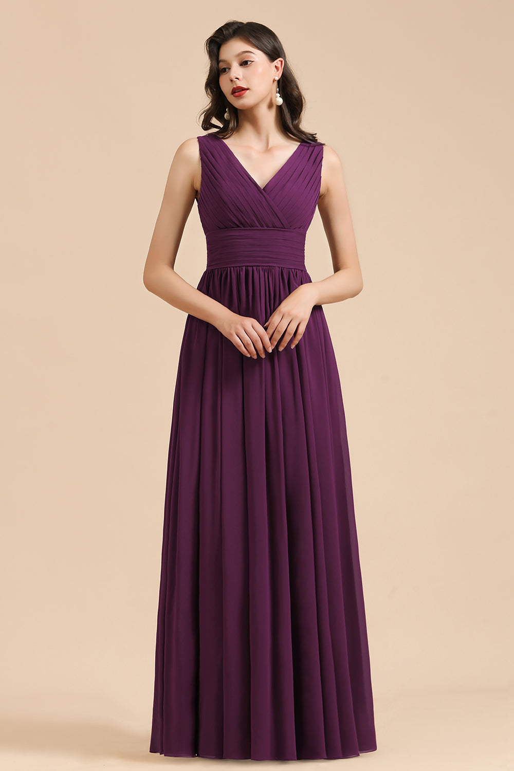 Elegant V-Neck Ruffle A-line Chiffon Lace Bridesmaid Dresses-Babyonlines