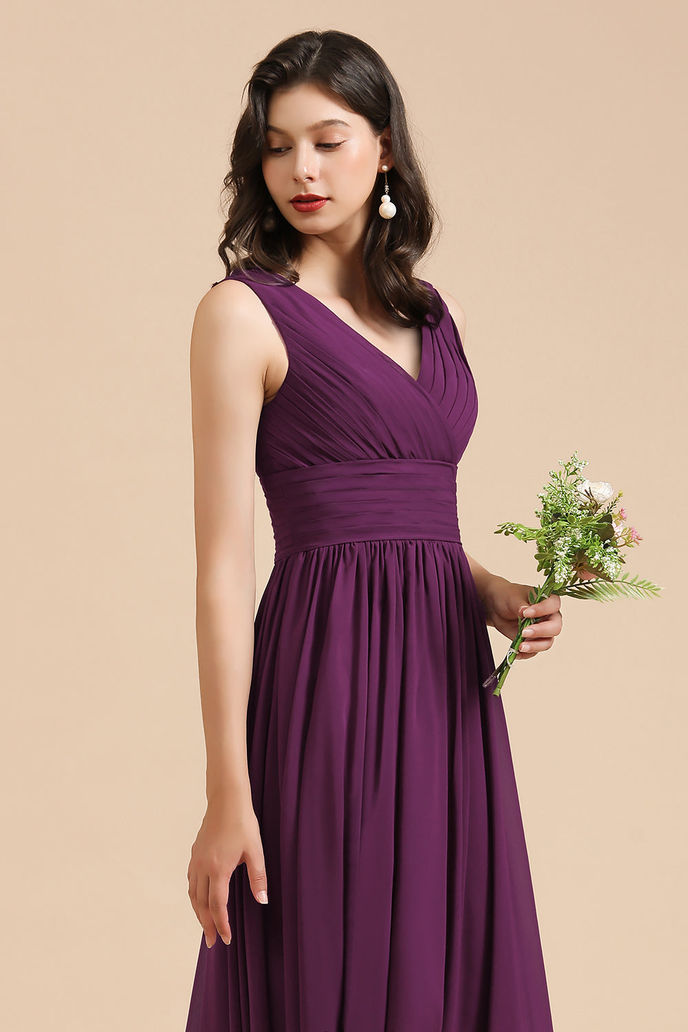 Elegant V-Neck Ruffle A-line Chiffon Lace Bridesmaid Dresses-Babyonlines