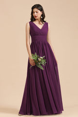 Elegant V-Neck Ruffle A-line Chiffon Lace Bridesmaid Dresses-Babyonlines