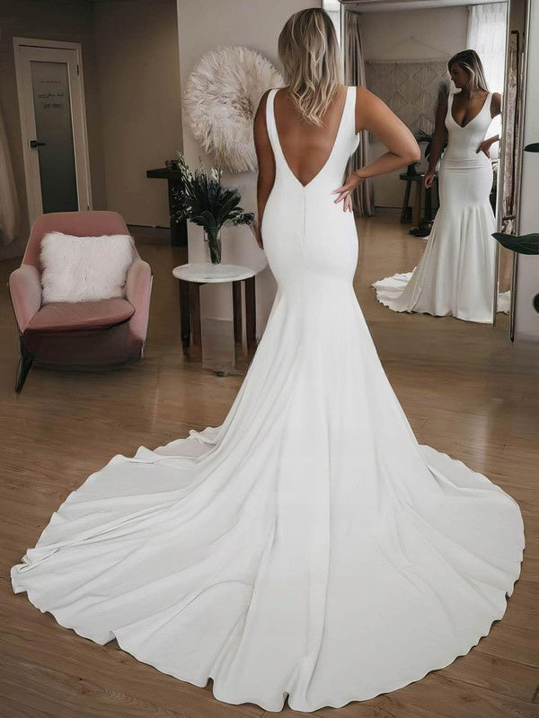 Elegant V-neck Trumpet/Mermaid Stretch Crepe Sweep Train Wedding Dress