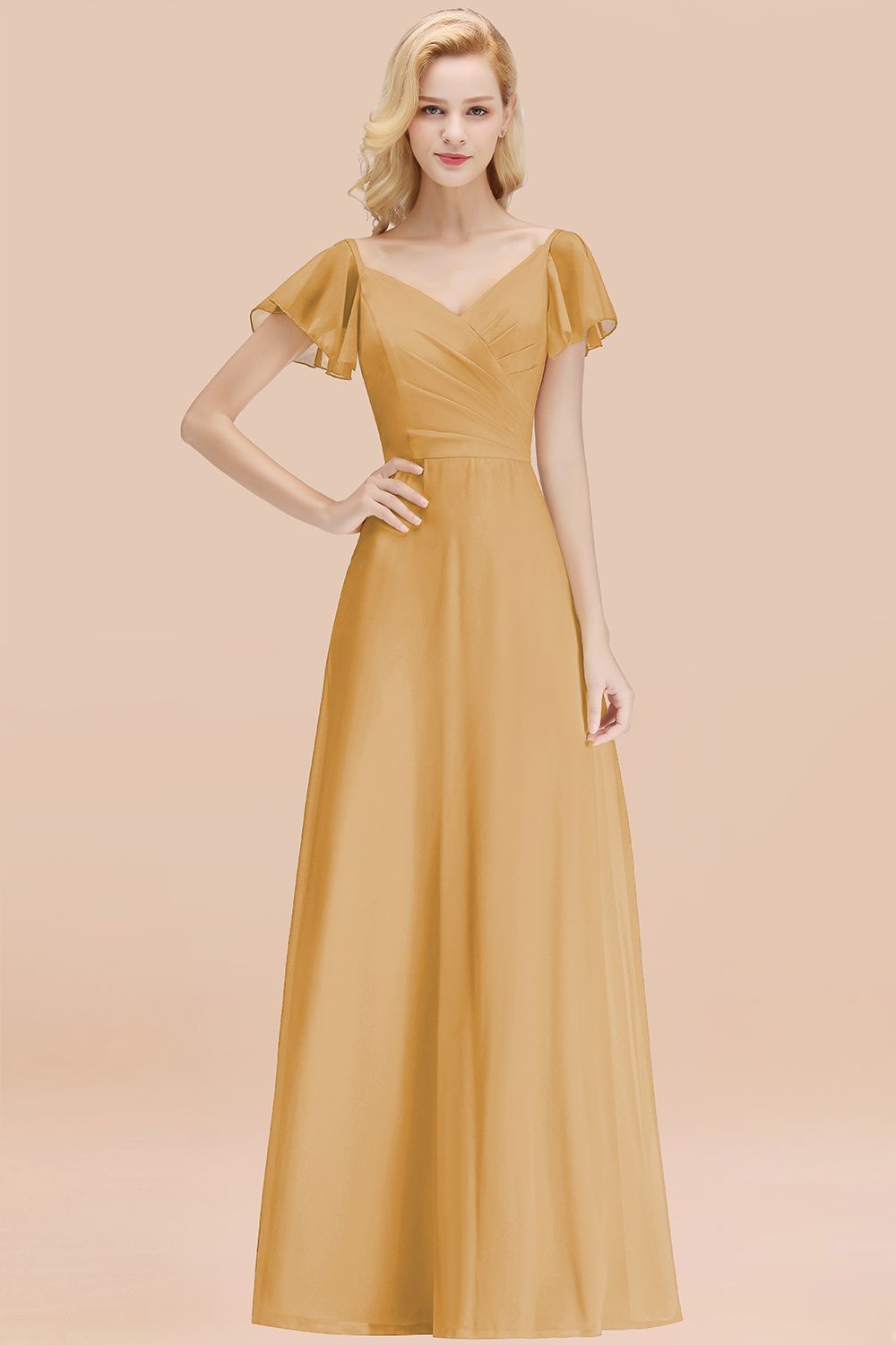 Elegent Short-Sleeve Long Bridesmaid Dress Online Yellow Chiffon Wedding Party Dress-Babyonlines