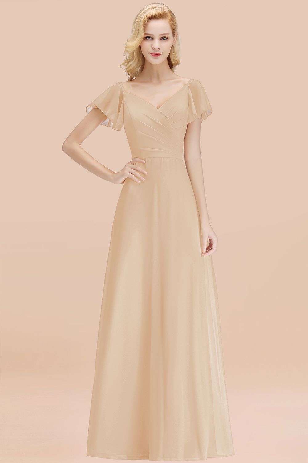 Elegent Short-Sleeve Long Bridesmaid Dress Online Yellow Chiffon Wedding Party Dress-Babyonlines