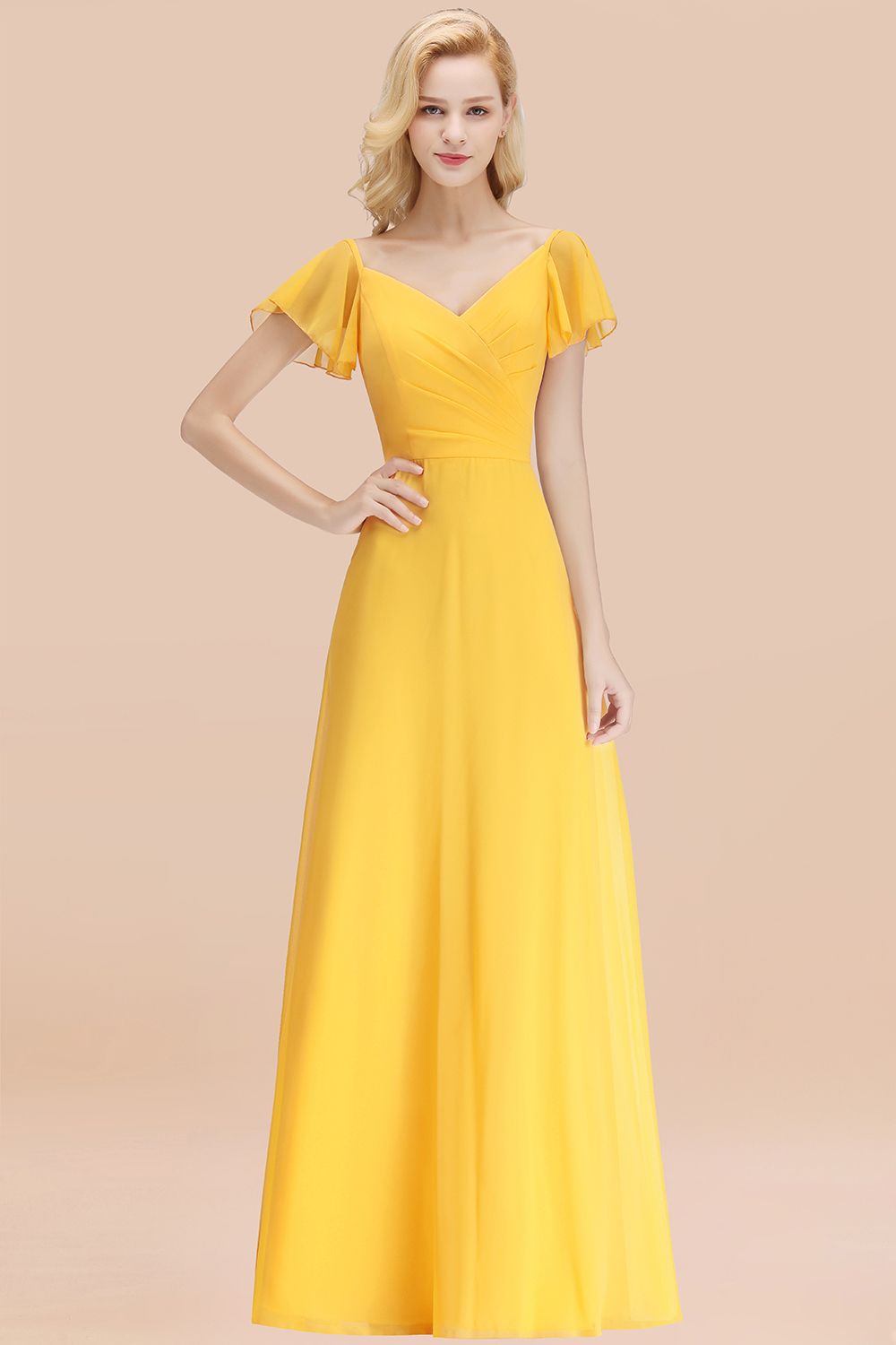 Elegent Short-Sleeve Long Bridesmaid Dress Online Yellow Chiffon Wedding Party Dress-Babyonlines