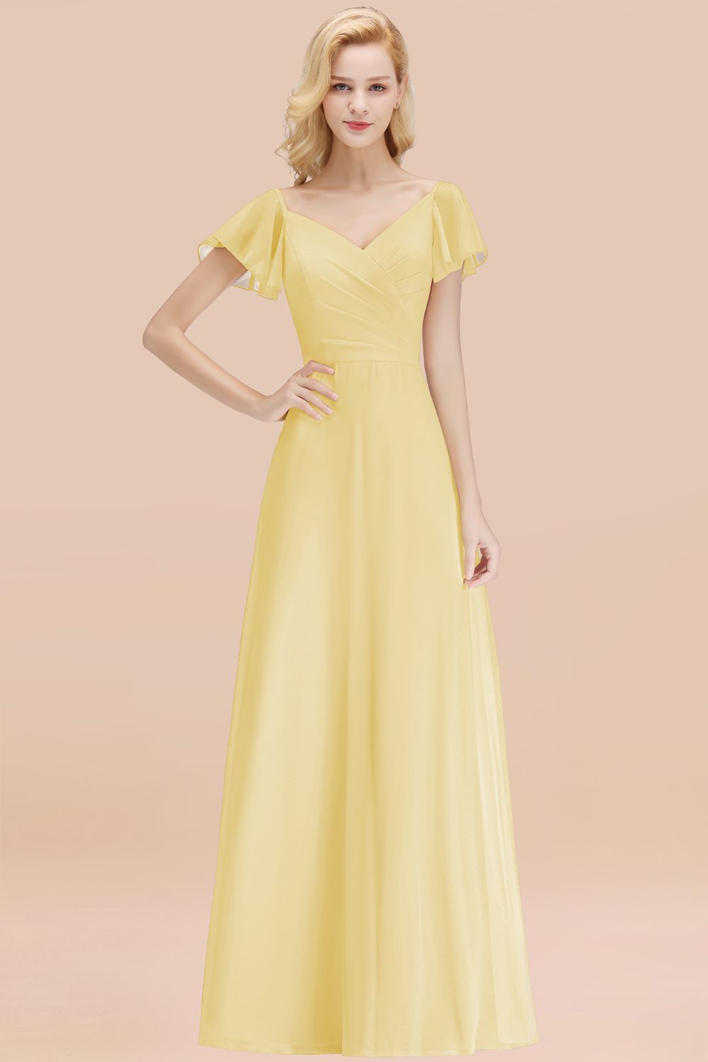 Elegent Short-Sleeve Long Bridesmaid Dress Online Yellow Chiffon Wedding Party Dress-Babyonlines