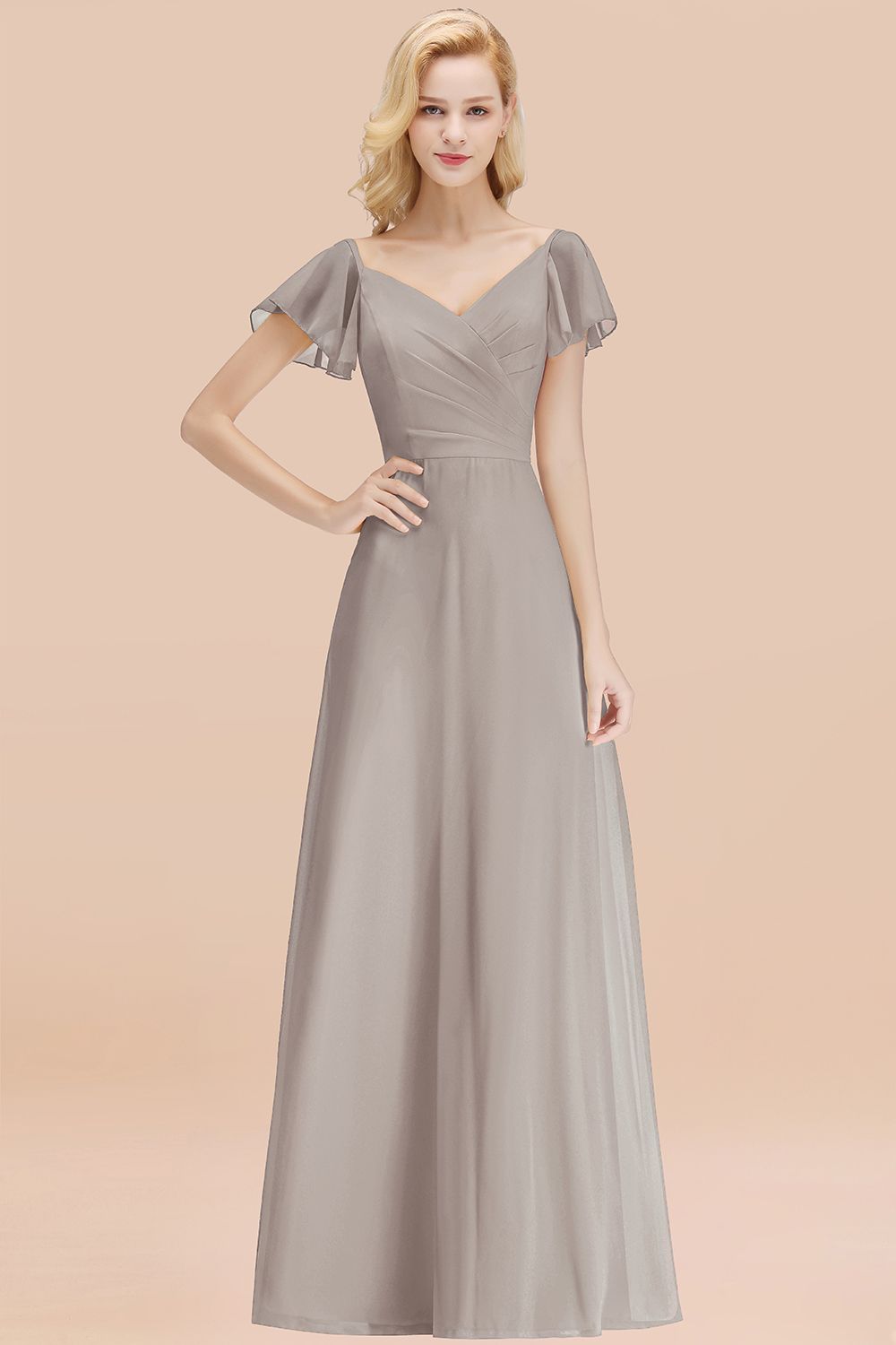 Elegent Short-Sleeve Long Bridesmaid Dress Online Yellow Chiffon Wedding Party Dress-Babyonlines