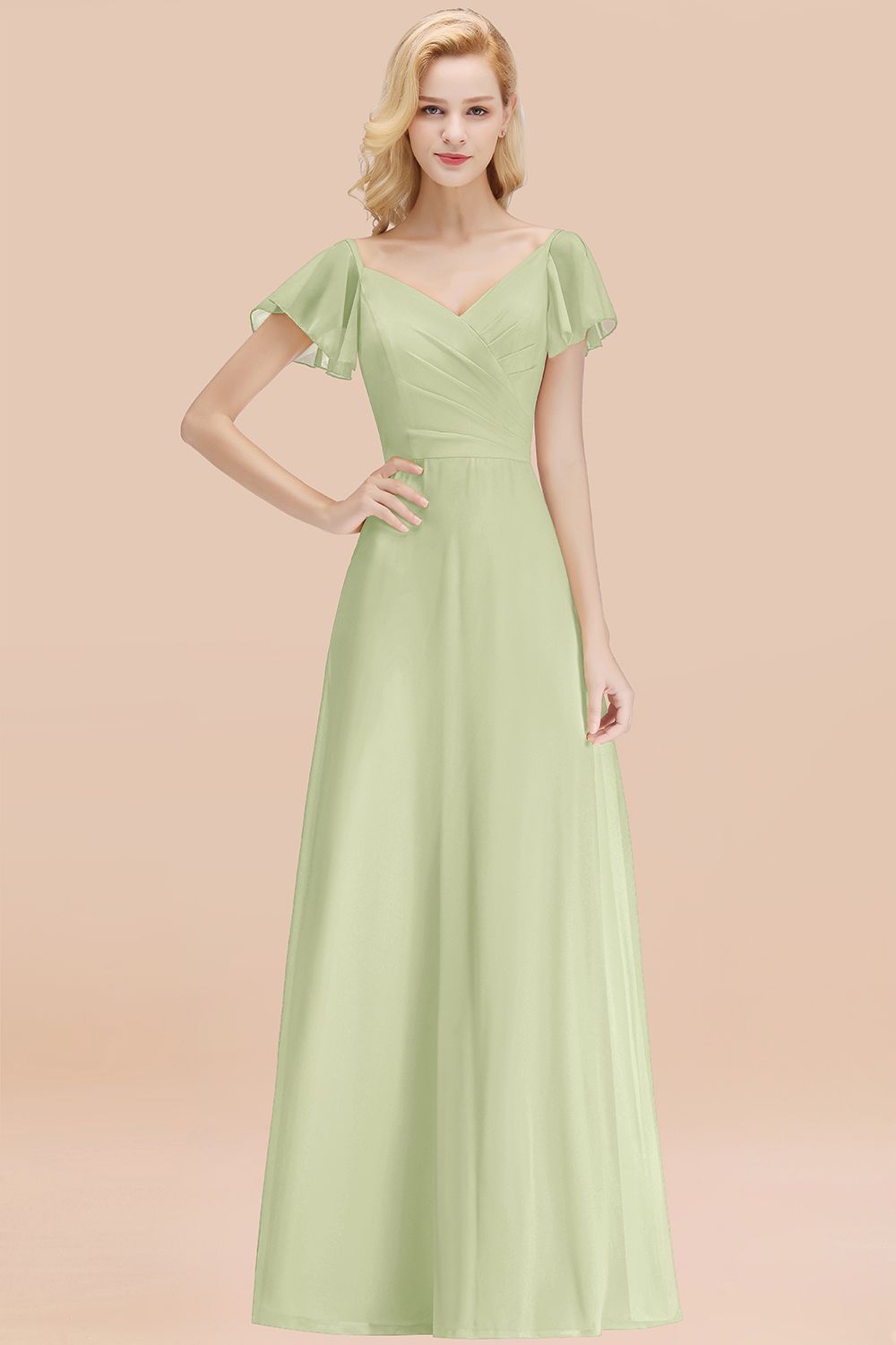 Elegent Short-Sleeve Long Bridesmaid Dress Online Yellow Chiffon Wedding Party Dress-Babyonlines