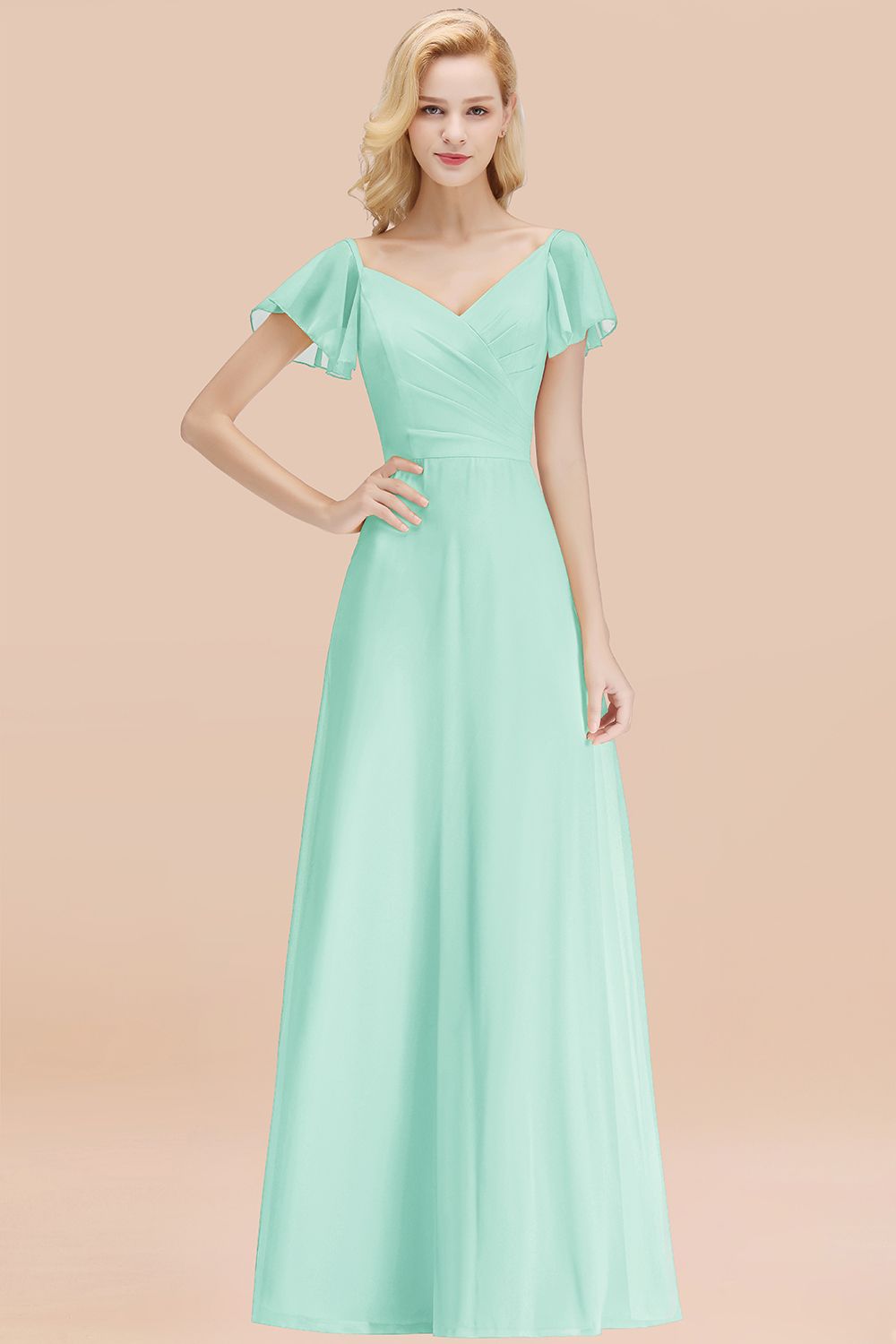 Elegent Short-Sleeve Long Bridesmaid Dress Online Yellow Chiffon Wedding Party Dress-Babyonlines