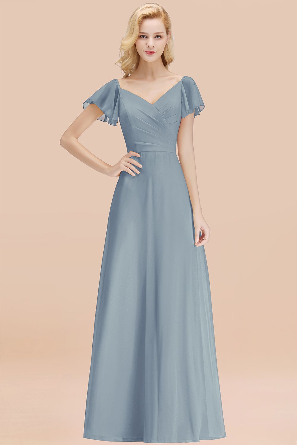 Elegent Short-Sleeve Long Bridesmaid Dress Online Yellow Chiffon Wedding Party Dress-Babyonlines