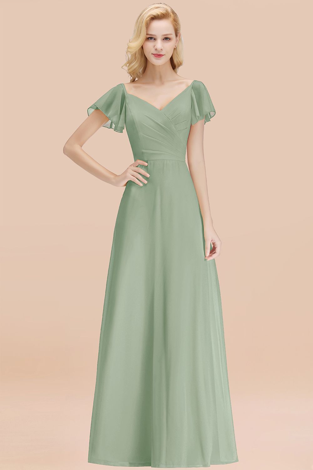 Elegent Short-Sleeve Long Bridesmaid Dress Online Yellow Chiffon Wedding Party Dress-Babyonlines