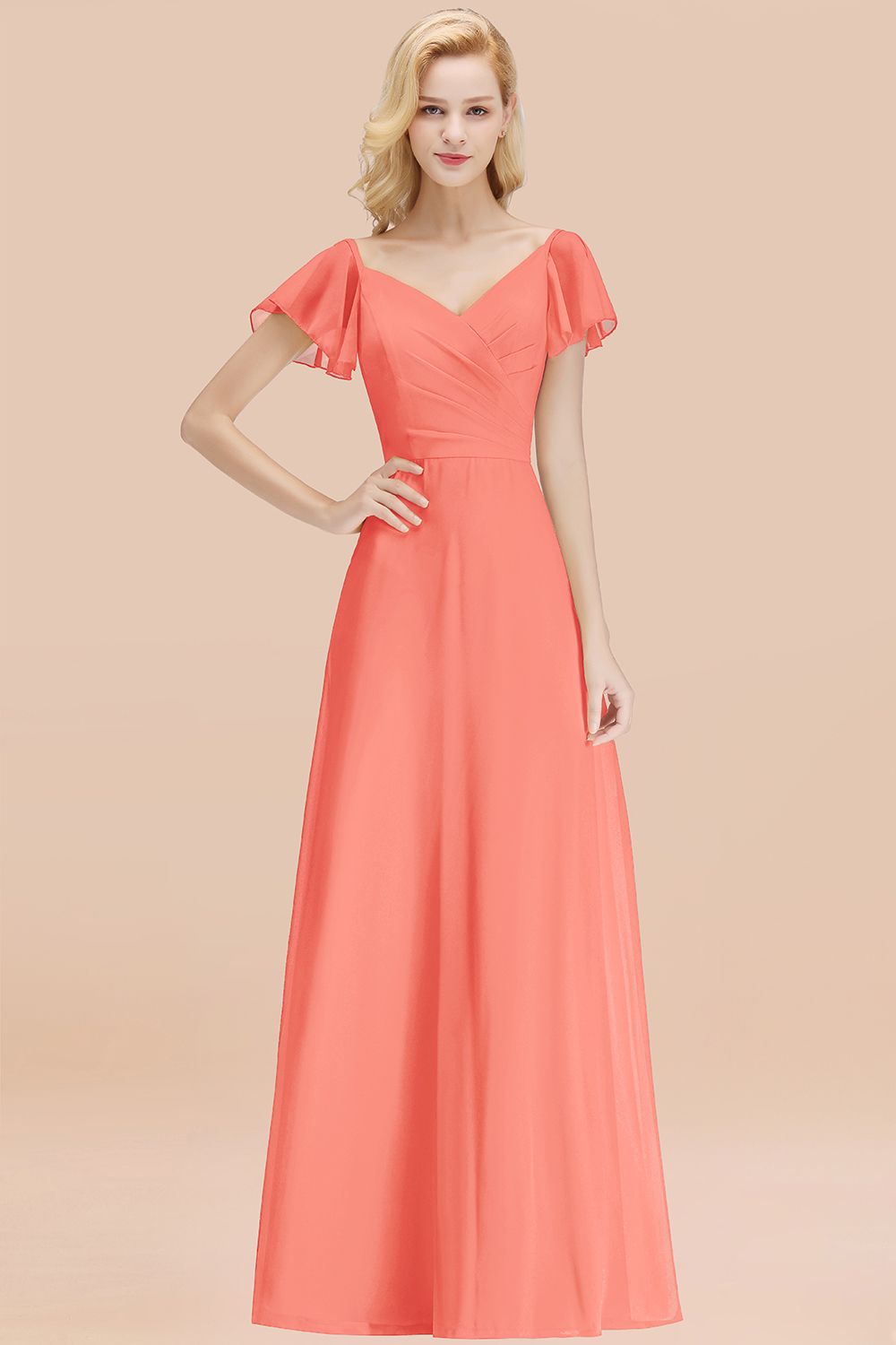 Elegent Short-Sleeve Long Bridesmaid Dress Online Yellow Chiffon Wedding Party Dress-Babyonlines