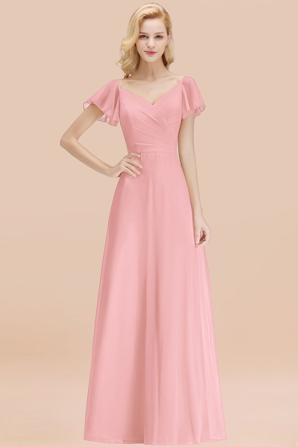 Elegent Short-Sleeve Long Bridesmaid Dress Online Yellow Chiffon Wedding Party Dress-Babyonlines