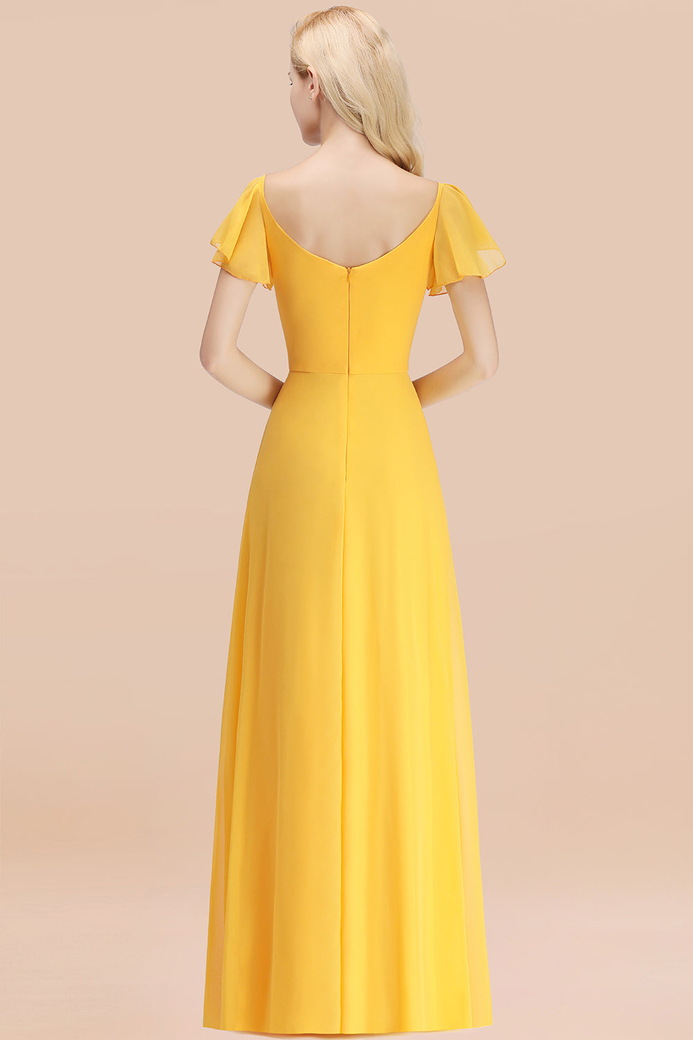 Elegent Short-Sleeve Long Bridesmaid Dress Online Yellow Chiffon Wedding Party Dress-Babyonlines