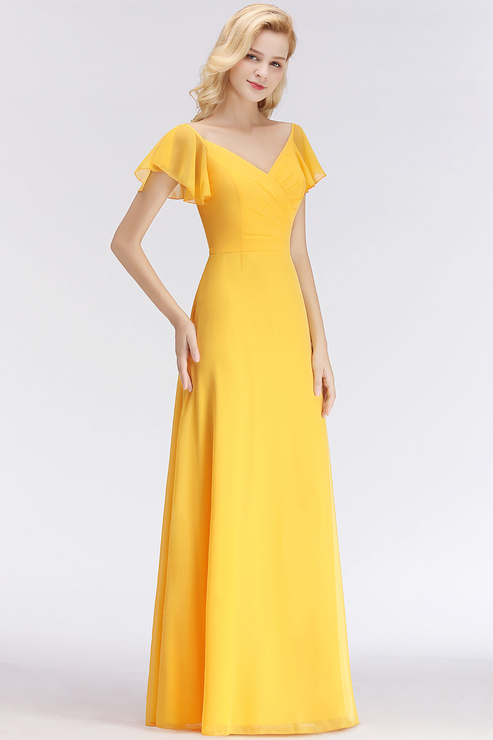 Elegent Short-Sleeve Long Bridesmaid Dress Online Yellow Chiffon Wedding Party Dress-Babyonlines