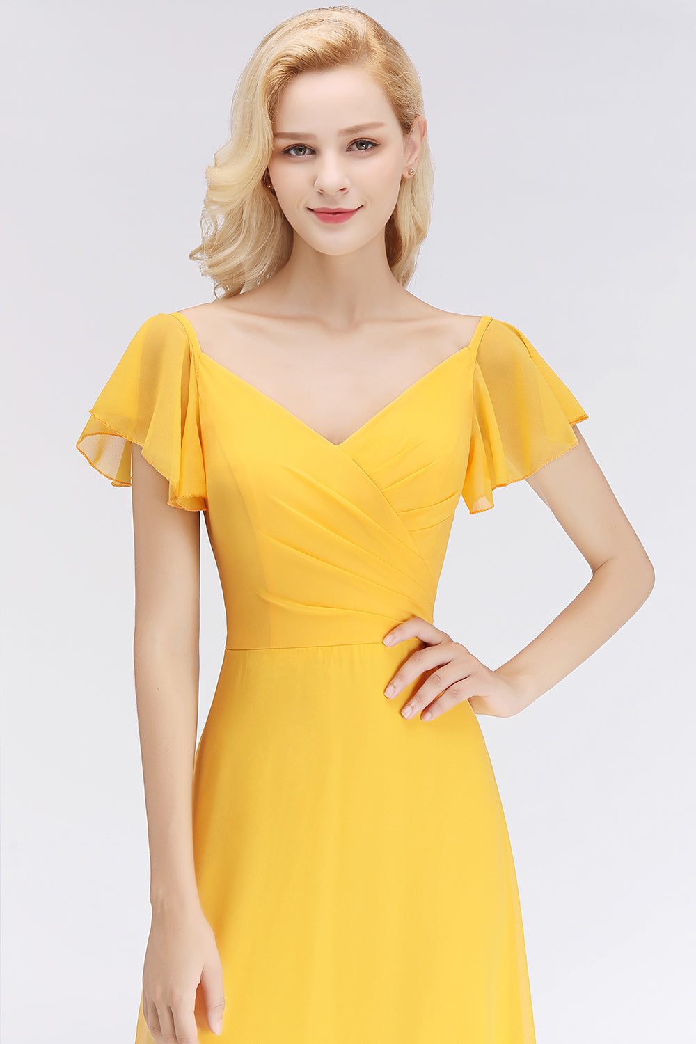 Elegent Short-Sleeve Long Bridesmaid Dress Online Yellow Chiffon Wedding Party Dress-Babyonlines