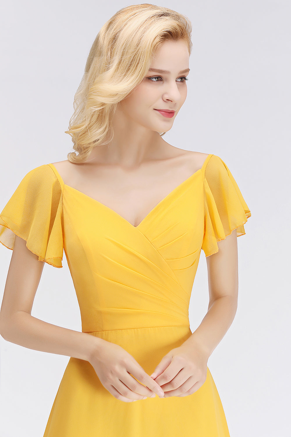 Elegent Short-Sleeve Long Bridesmaid Dress Online Yellow Chiffon Wedding Party Dress-Babyonlines