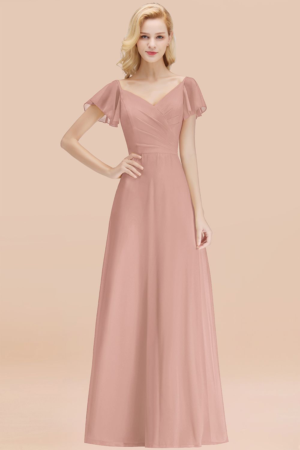 Elegent Short-Sleeve Long Bridesmaid Dress Online Yellow Chiffon Wedding Party Dress-Babyonlines