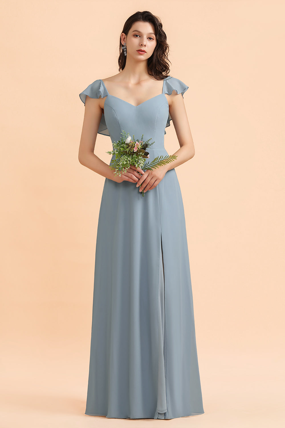 Fashion Dusty Blue Chiffon Sweetheart Slit Bridesmaid Dress with Ruffles Online-Babyonlines