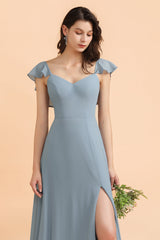 Fashion Dusty Blue Chiffon Sweetheart Slit Bridesmaid Dress with Ruffles Online-Babyonlines