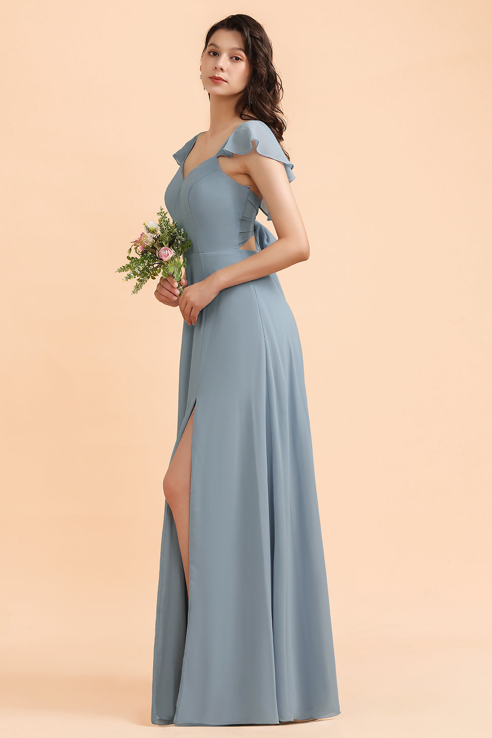 Fashion Dusty Blue Chiffon Sweetheart Slit Bridesmaid Dress with Ruffles Online-Babyonlines