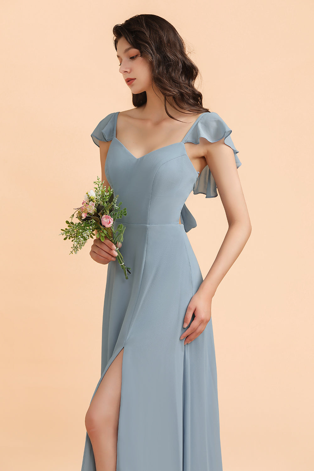 Fashion Dusty Blue Chiffon Sweetheart Slit Bridesmaid Dress with Ruffles Online-Babyonlines